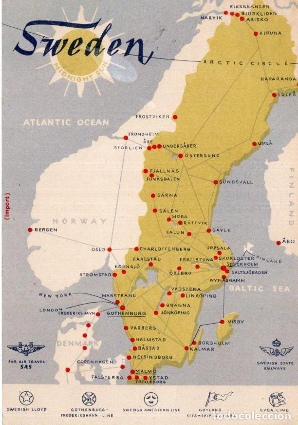 Postales: MAPA DE SUECIA Y RUTAS A&Eacute;REAS - Foto 1