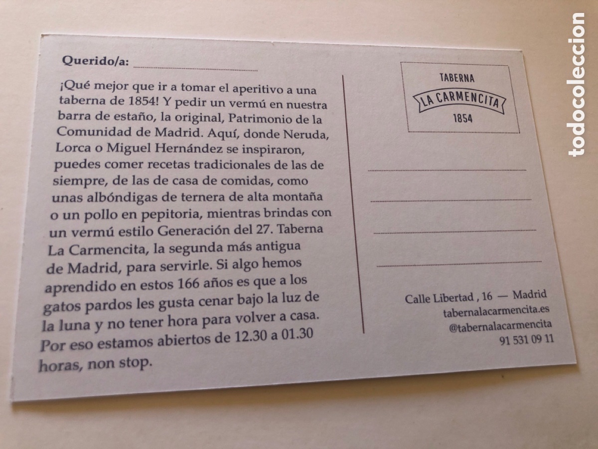 Postales: Postal Taberna La Carmencita. 1854. Madrid. ASM - Foto 2