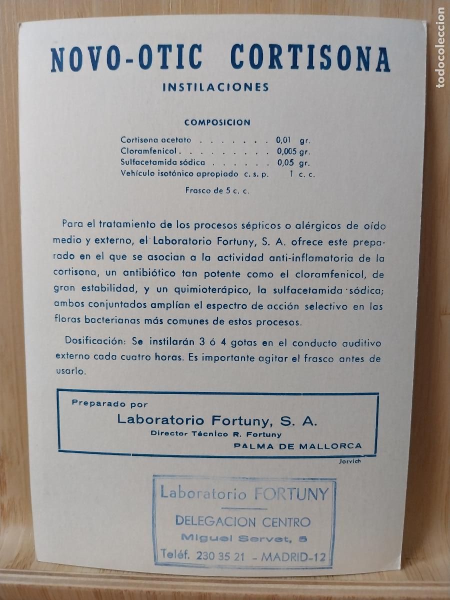 Postales: NOVO OTIC CORTISONA PUBLICIDAD FARMACIA LABORATORIO TAMA&Ntilde;O POSTAL MALLORCA POLLENSA 16.3X11.5CMS