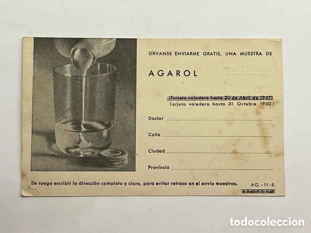 Postales: AGAROL.. POSTAL PUBLICITARIA. LABORATORIO Y COMERCIO SUBSTANCIA. Barcelona (a.1950)