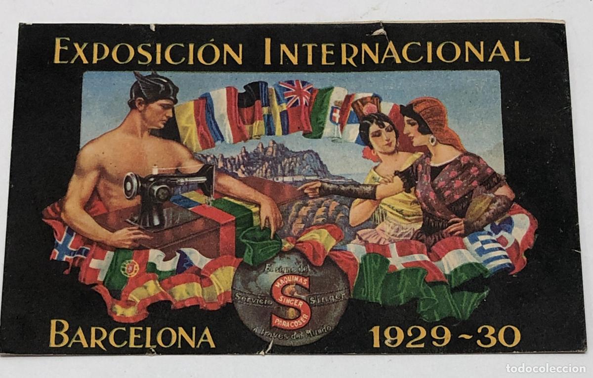 Postales: Postal con publicidad de maquinas coser Singer en la Exposicion Internacional de Barcelona 1929-30