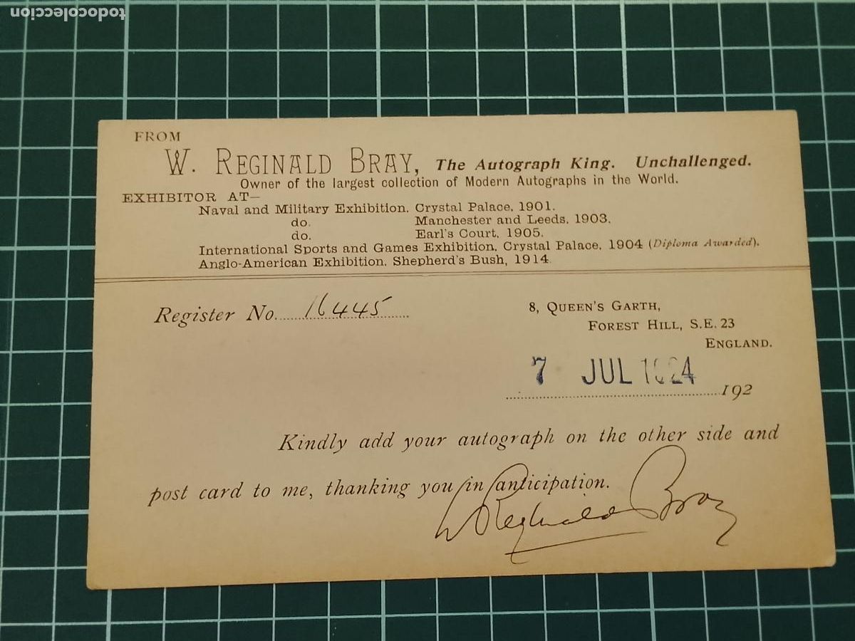 Postales: W. REGINALD BRAY THE AUTOGRAPH KING - A&Ntilde;O 1924 -POSTAL ANTIGUA-(116.009)