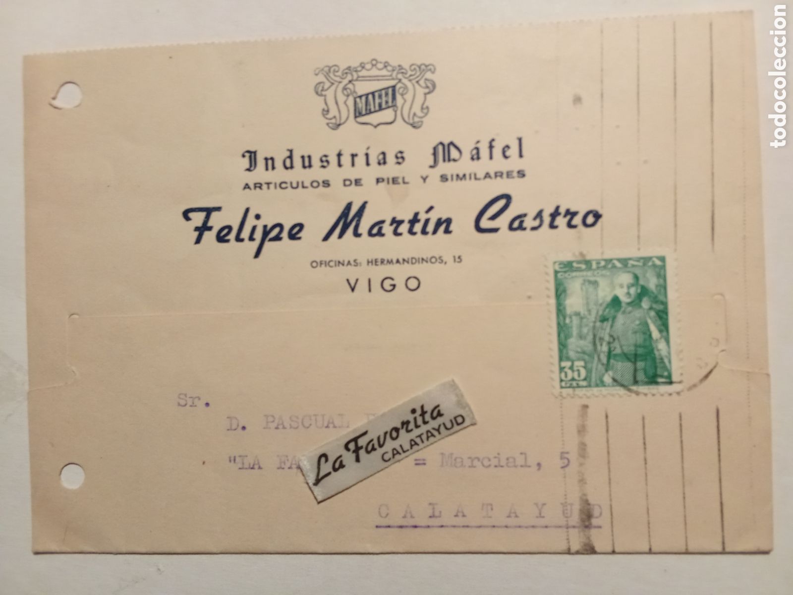 Postales: Tarjeta postal comercial Industrias MAFEL 1950 (VIGO) FELIPE MARTIN CASTRO