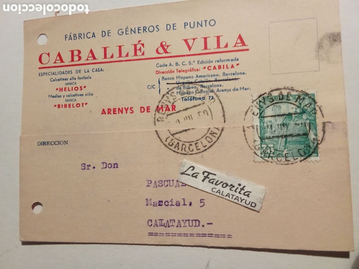 Postales: Tarjeta postal comercial CABALLE & VILA (Arenys de Mar) 1950