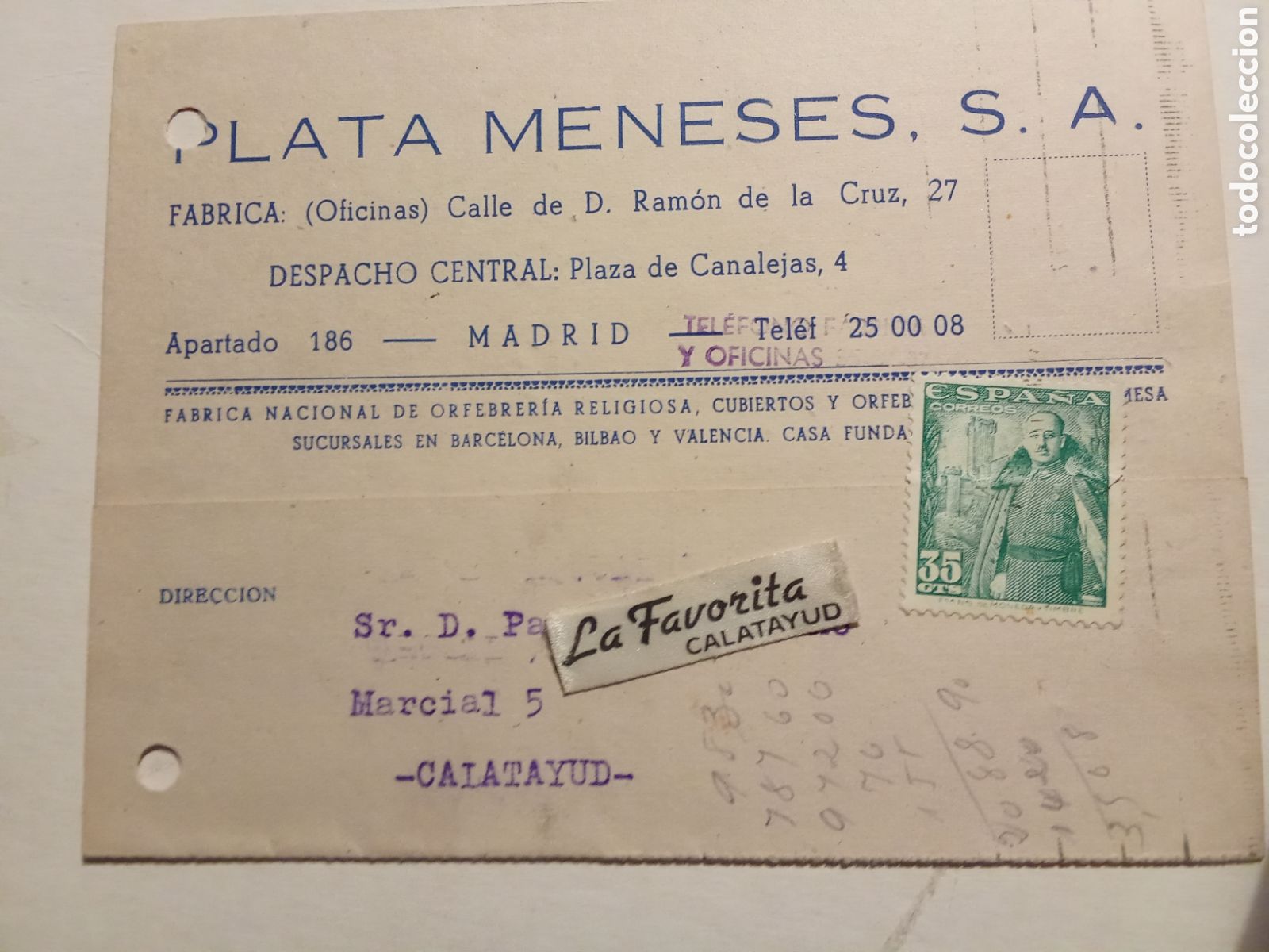 Postales: Tarjeta postal comercial PLATA MENESES(MADRID) 1950