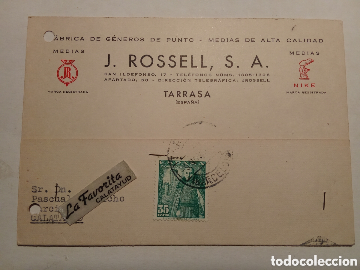 Postales: Tarjeta postal comercial J. ROSSELL S.A. 1950 (Tarrasa)