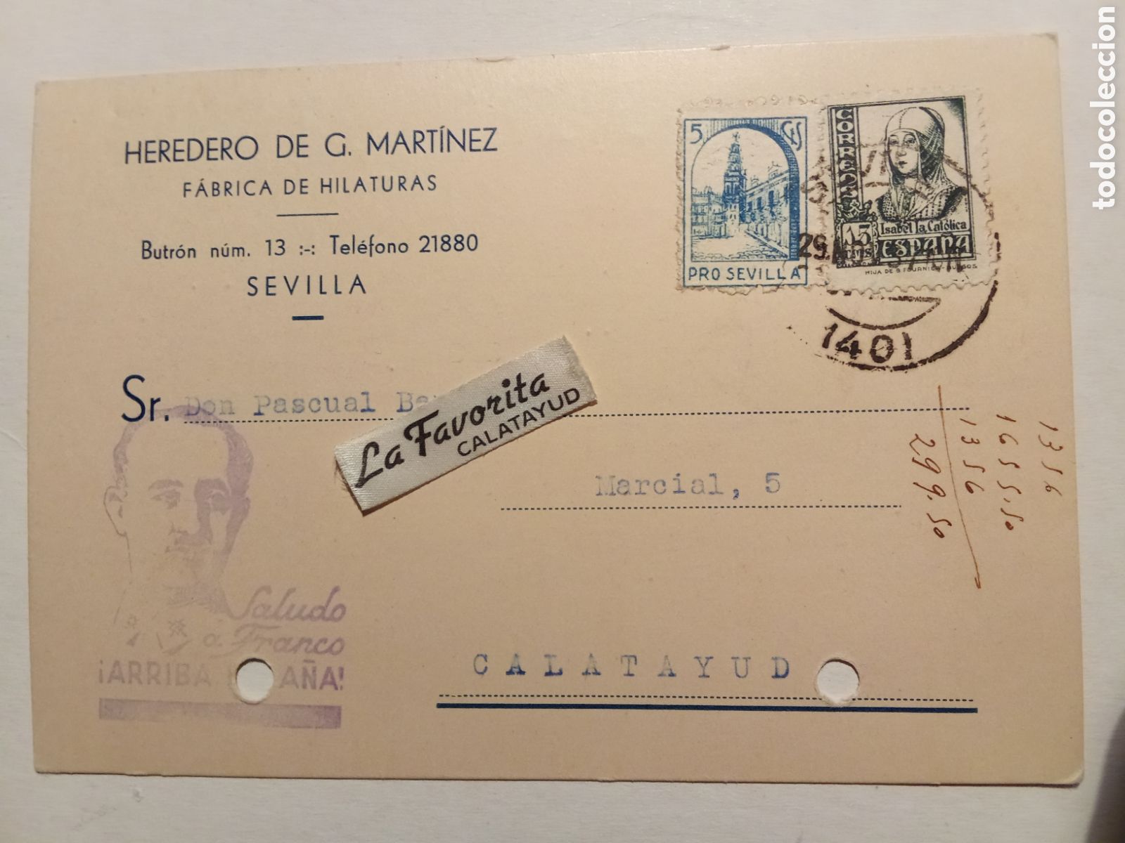 Postales: Tarjeta postal comercial HEREDERO de G. MARTINEZ (SEVILLA 1937)Escasa
