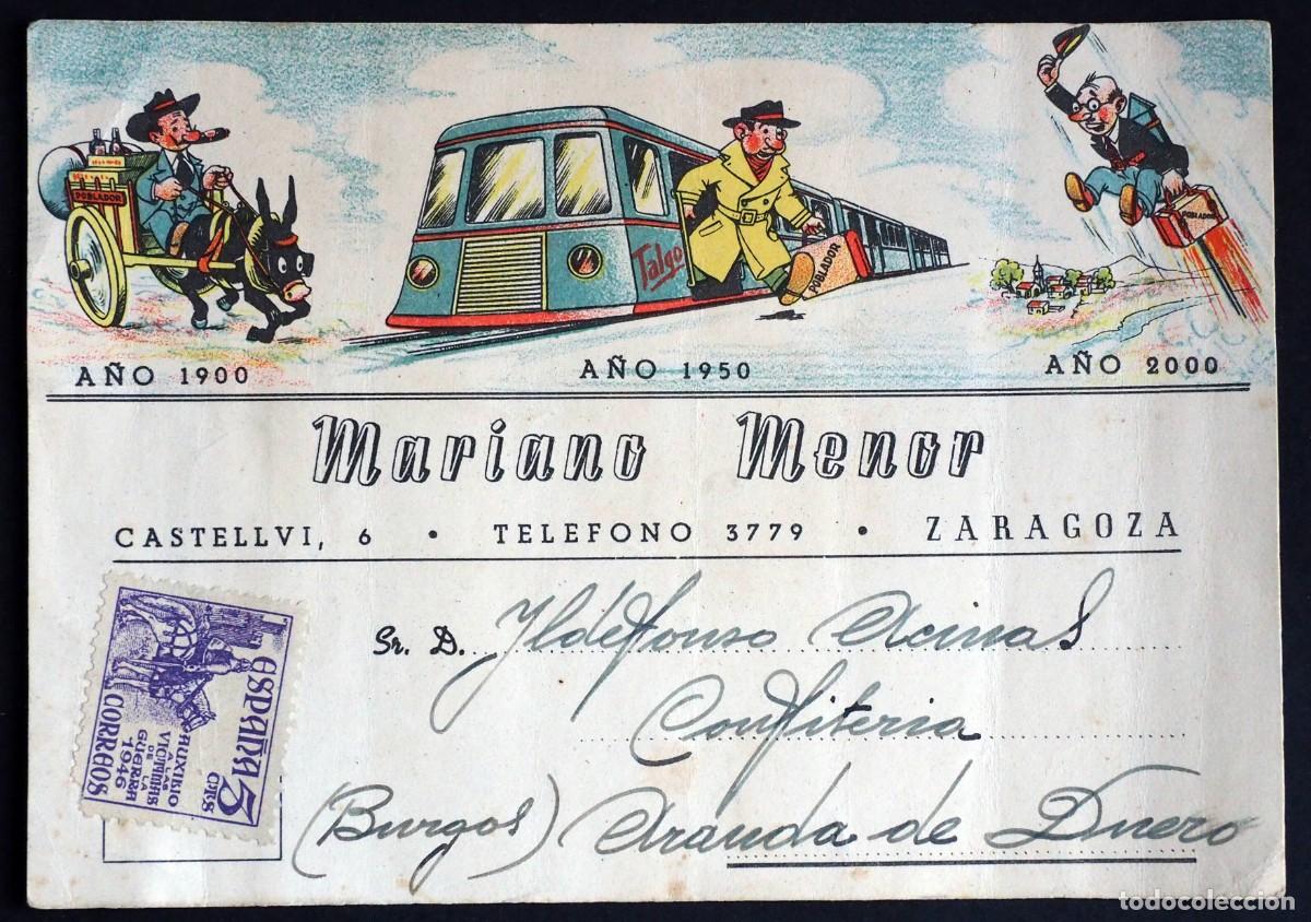 Postales: TARGETA POSTAL DE PUBLICIDAD. MARIANO MENOR. ZARAGOZA- ARANDA DE DUERO (BURGOS). A&Ntilde;O 1950
