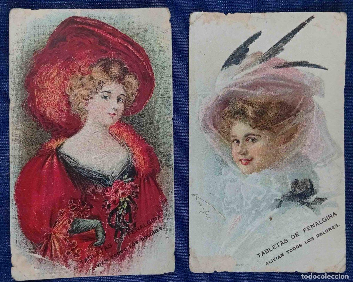 Postales: 2 TARJETAS CON PUBLICIDAD DE TABLETAS DE FENALGINA. ALIVIAN TODOS LOS DOLORES