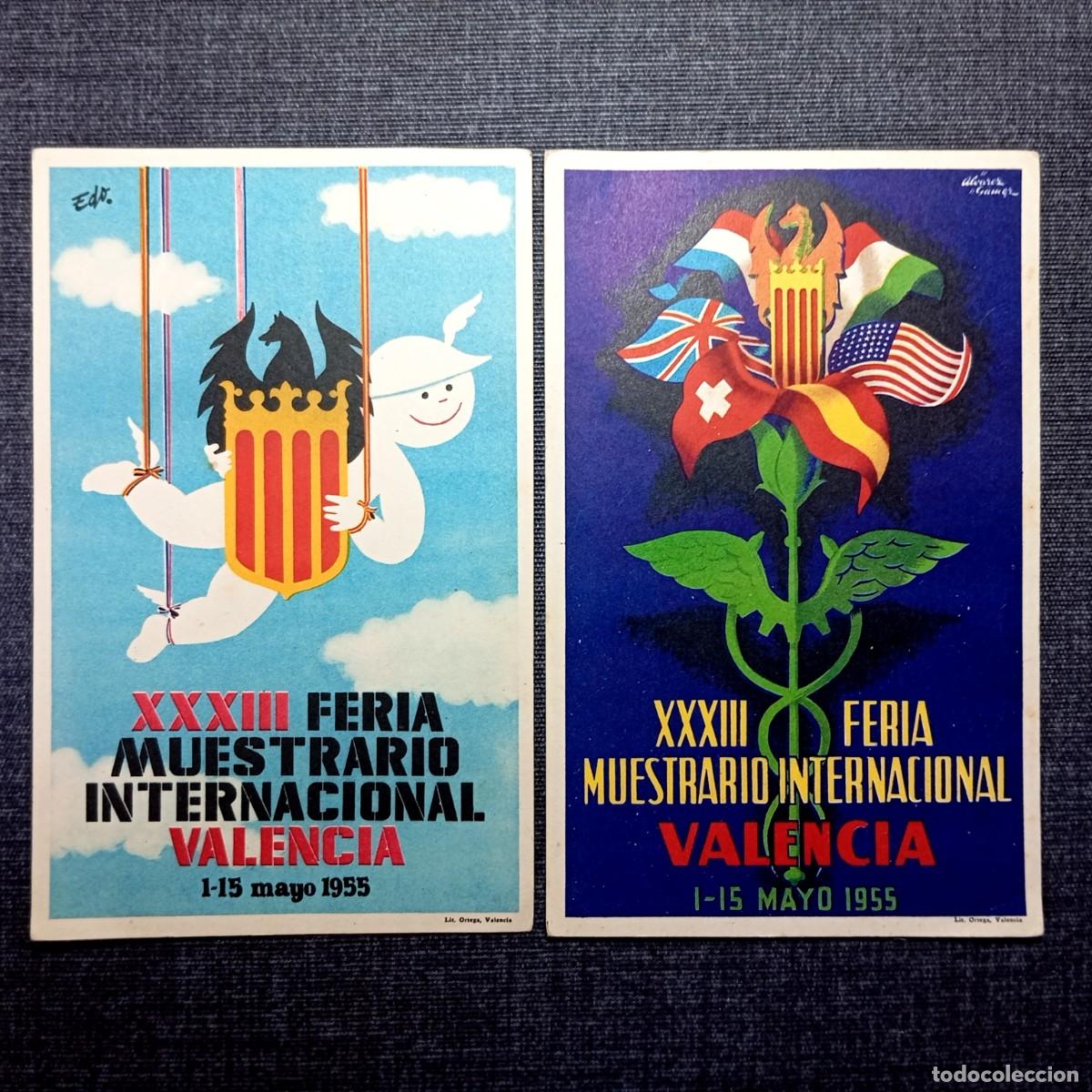 Postales: ⚜️ &Ntilde;09X04. Lote 2 Postales Antiguas Feria Muestrario Valencia 1955 Litograf&iacute;a Ortega Edo Coleccionis