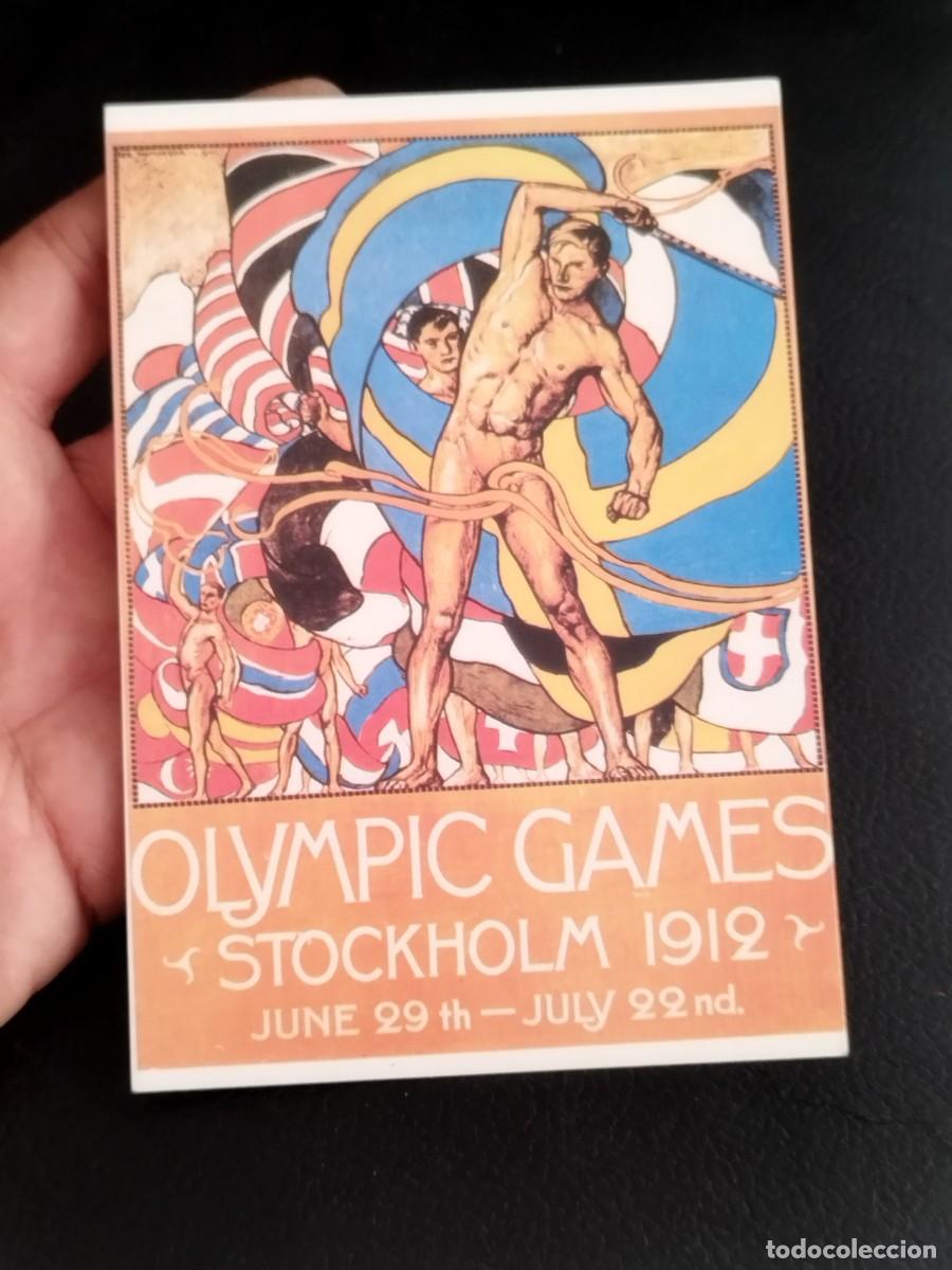 Postales: postal antigua del cartel oficial de los Juegos Ol&iacute;mpicos de Estocolmo 1912. Olle Hjortzberg.