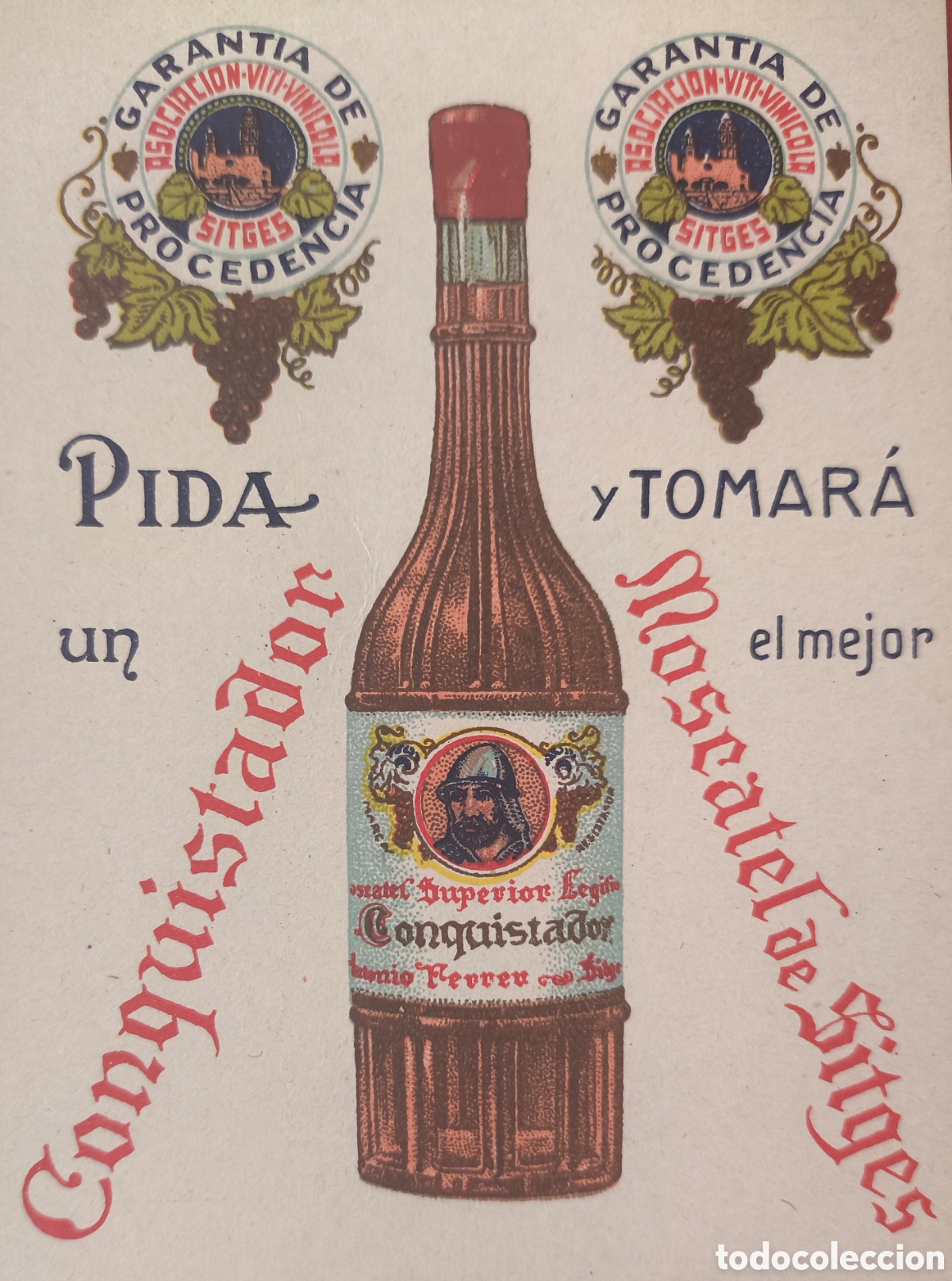 Postales: PUBLICIDAD MOSCATEL CONQUISTADOR POSTAL ILUSTRADA SITGES C. 1910
