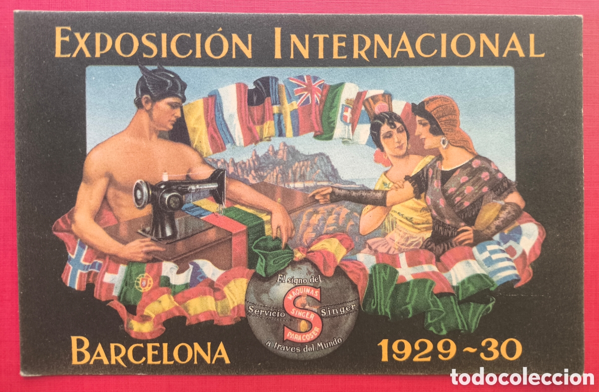Postales: SINGER M&Aacute;QUINA COSER PUBLICIDAD POSTAL ILUSTRADA BARCELONA EXPOSICI&Oacute;N INTERNACIONAL 1930