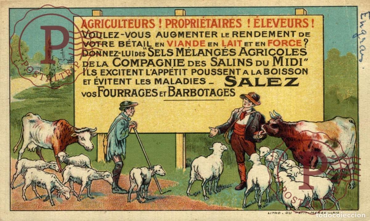 Cartes Postales: PUBLICIDAD. AGRICULTEURS ! PROPRIETAIRES ! ELEVEURS ! SALEZ - SALINS DU MIDI. PUBLI.