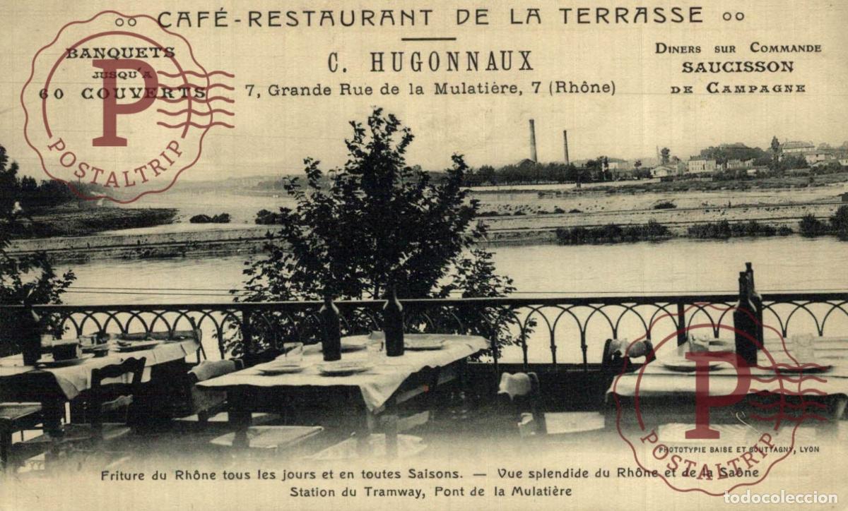 Cartes Postales: &iexcl;RARE! PUBLICIDAD. LYON. RHONE. FRANCE. CAFE-RESTAURANT DE LA TERRASSE. C. HUGONNAUX. MEN&Uacute;. NOTE. S