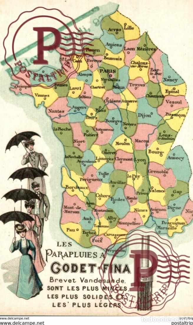 Postales: TRES RARE Carte de la FRANCE - Pub pour les parapluies &agrave; Godet-Fina