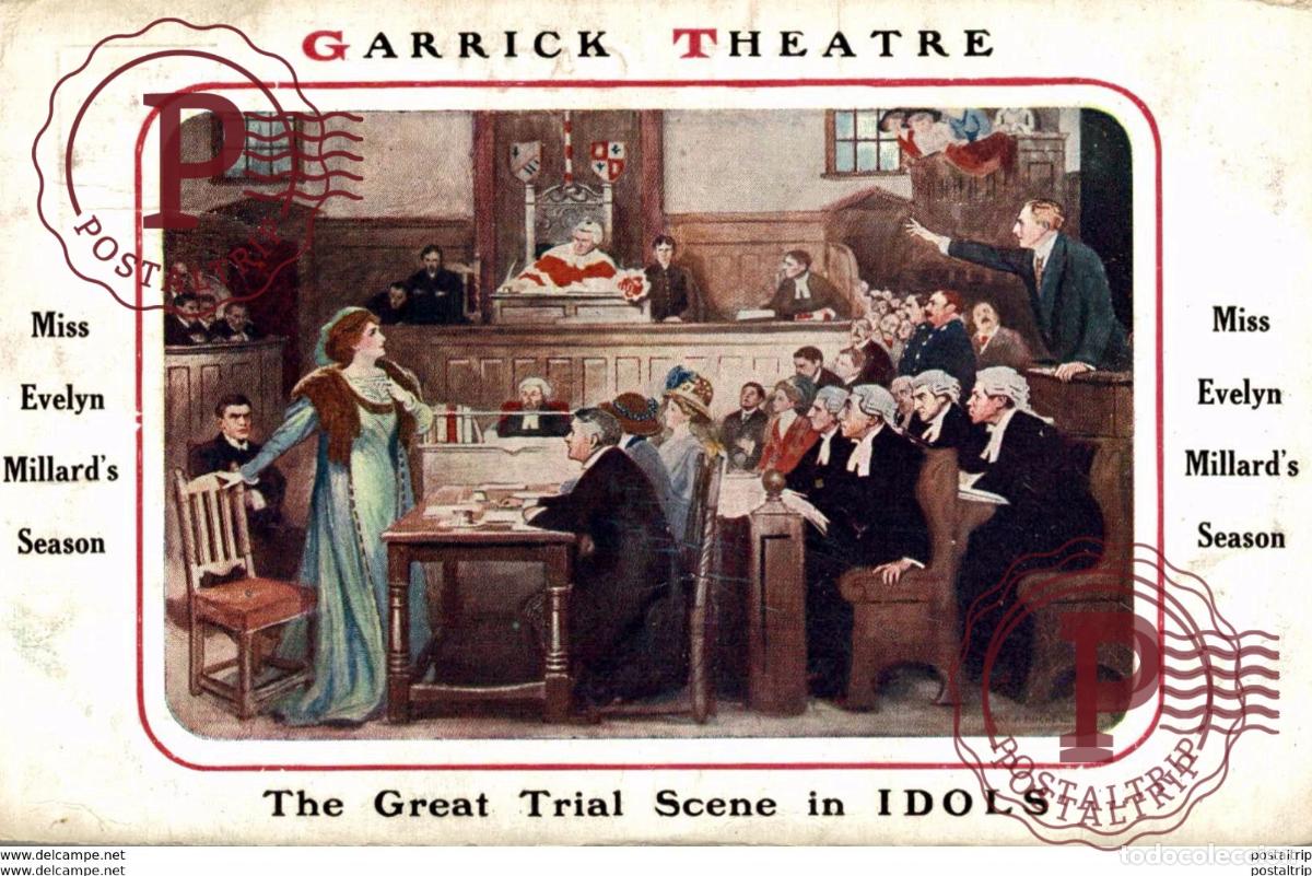 Postkarten: advertising GARRICK THEATRE THE GREAT TRIAL SCENE IN IDOLS