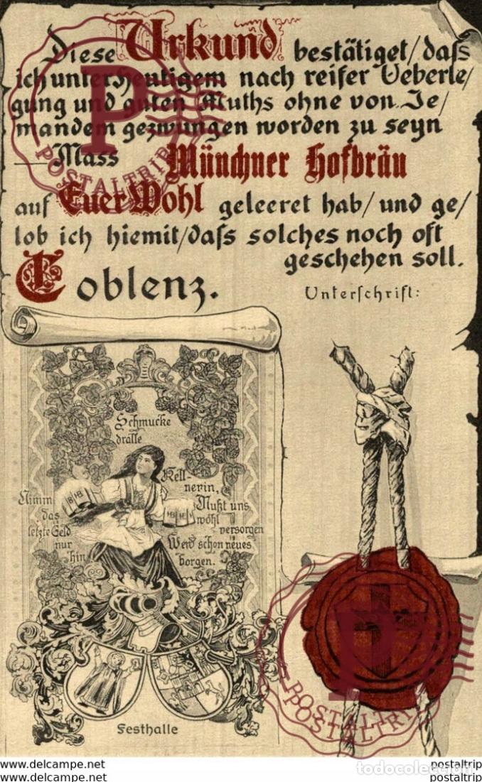 Cartoline: MUNCHENER HOFBRAU COBLEMZ URKUNDE advertisement Advertising.