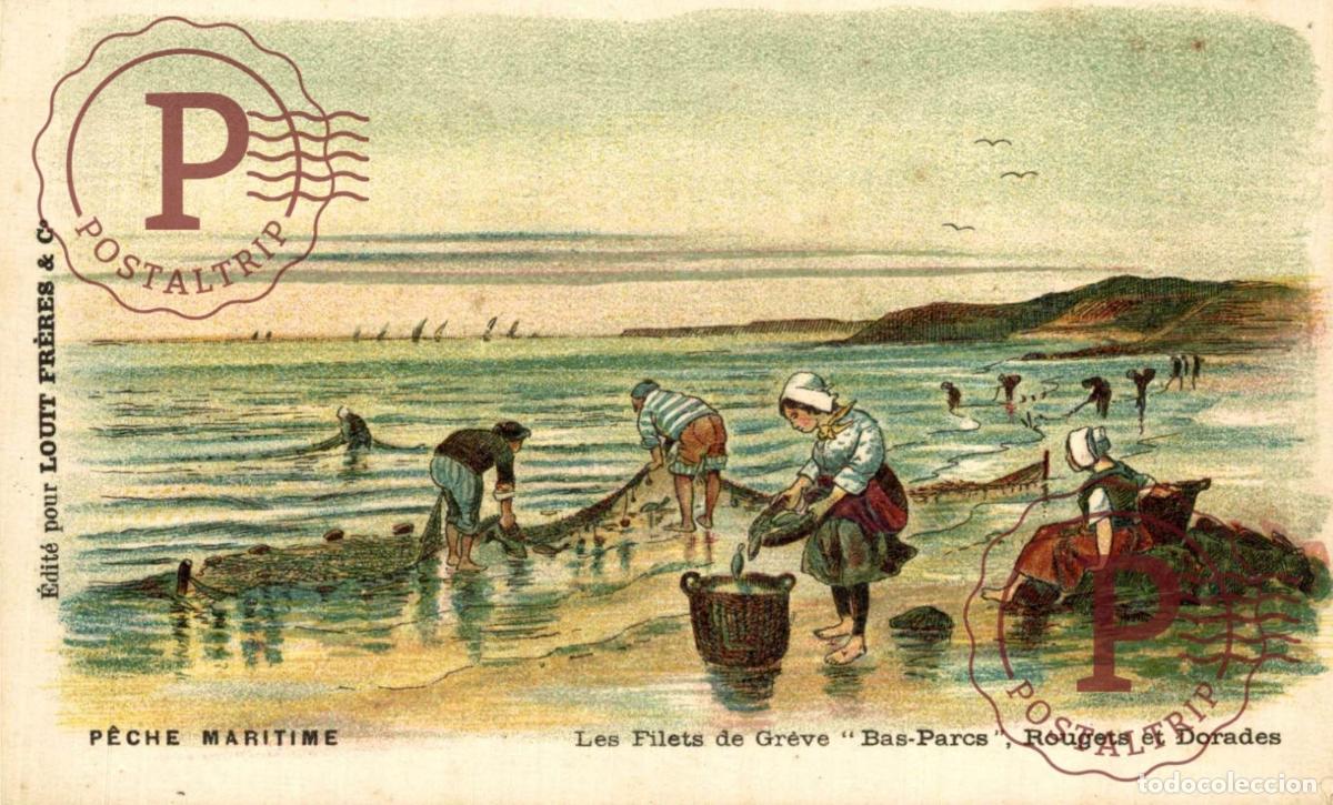 Postales: BARCO BATEAU SHIP. ILUSTRADA. ILLUSTREE. P&ecirc;che Maritime LES FILETS DE GREVE BAS PARCS ROUGETS ET DOR