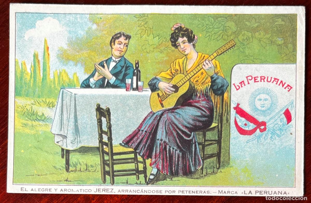 Postales: LA PERUANA, EL ALEGRE Y AROMATICO JEREZ ARRANCANDOSE POR PETENERAS, EL OLOROSO MALAGA, PUBLICIDAD