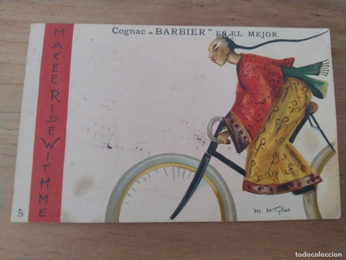 Postales: Postal ilustrada makeeride with me. Bicicleta. Oriental. Publicidad Cognac BARBIER, es el mejor.