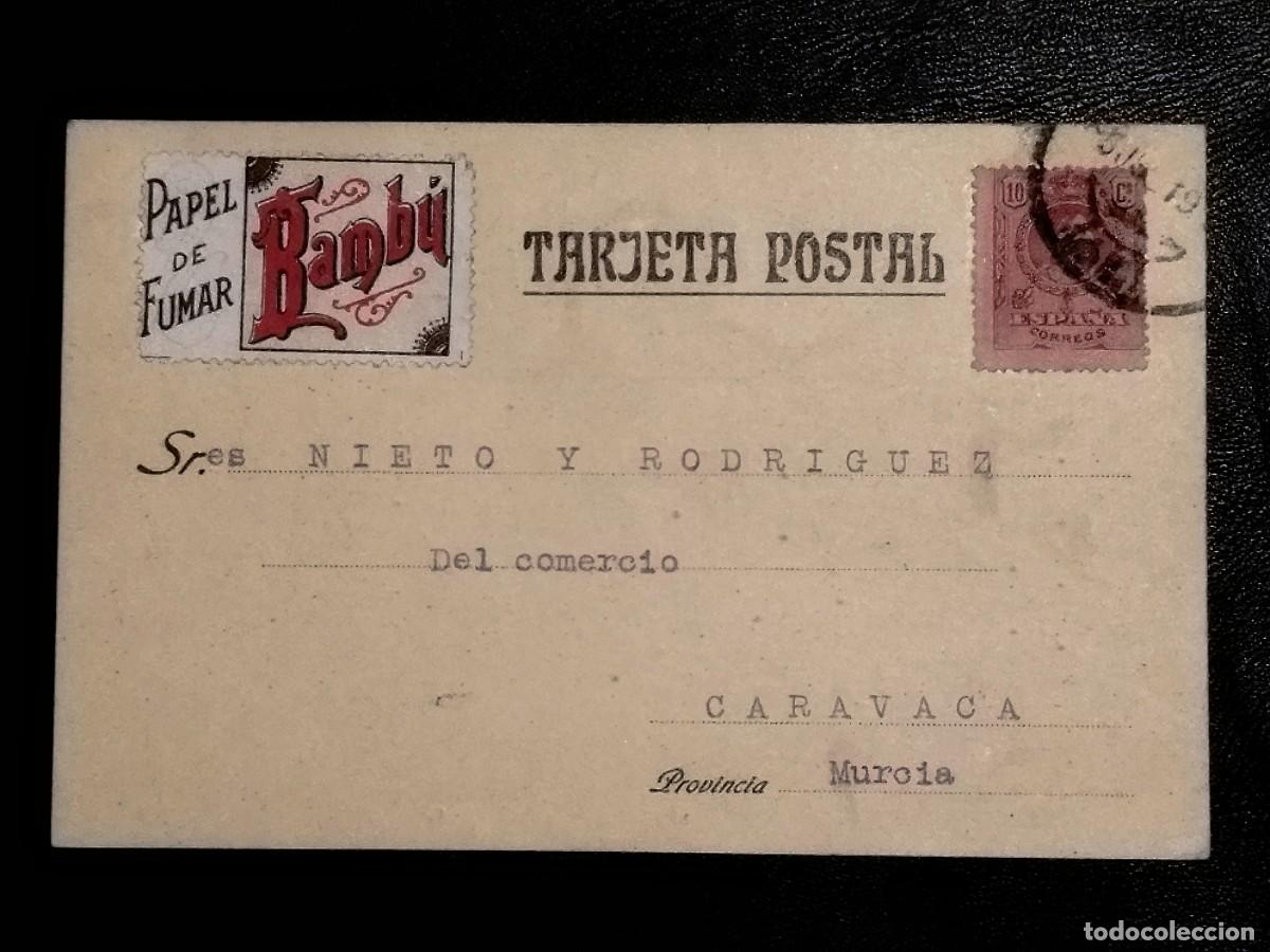 Postales: 1919. Tarjeta Comercial de Valencia a Caravaca -Vi&ntilde;eta Papel de Fumar Bamb&uacute; y Cu&ntilde;o F&aacute;brica de Juguet