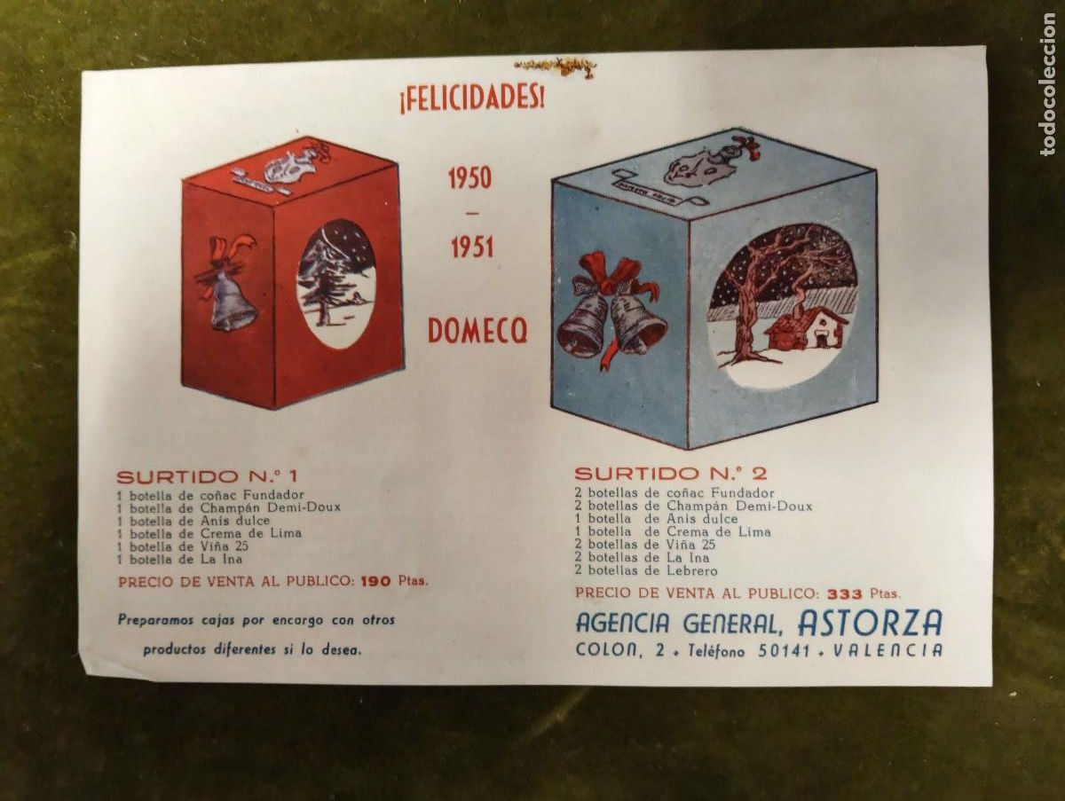 Postales: TARJETA PUBLICITARIA AGENCIA DISTRIBUIDORA DE BEBIDAS ASTORZA VALENCIA - DOMECQ - SURTIDOS NAVIDAD