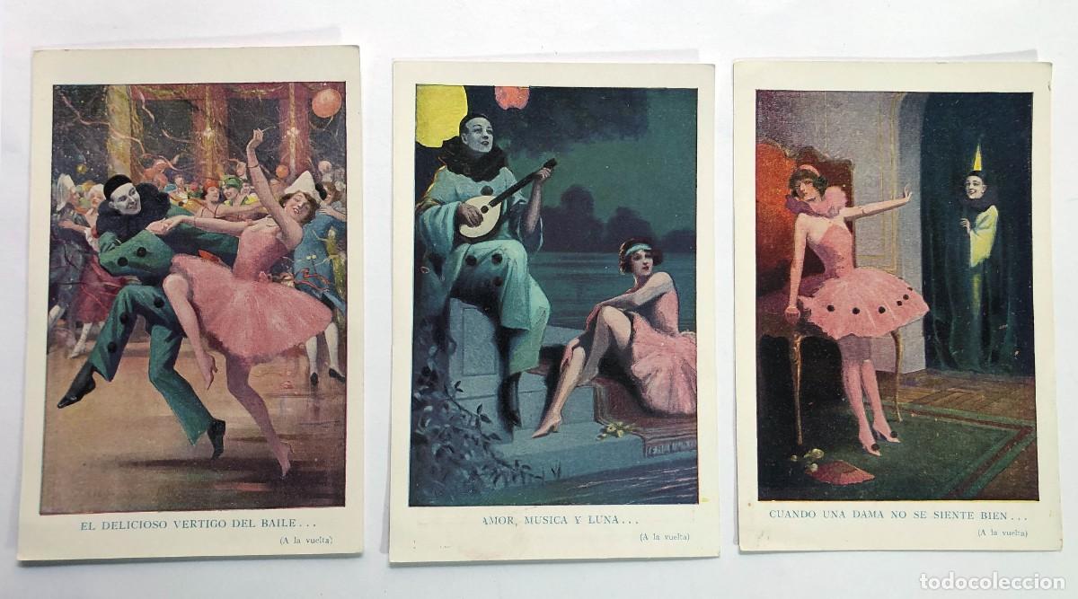 Postales: Lote Serie Completa 3 Postales Publicitarias Bayer - Aspirina - A&ntilde;os 20 / Carnaval Pierrot y Baile