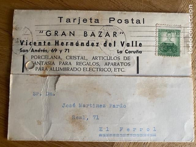 Postales: La Coru&ntilde;a .Tarjeta Postal Comercial. 1935. Gran Bazar Vicente Hernandez del Valle.