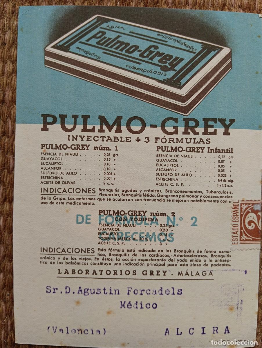 Postales: PUBLICIDAD MEDICAMENTO PULMO GREY CIRCULADA A ALZIRA - LABORATORIOS GREY - MALAGA