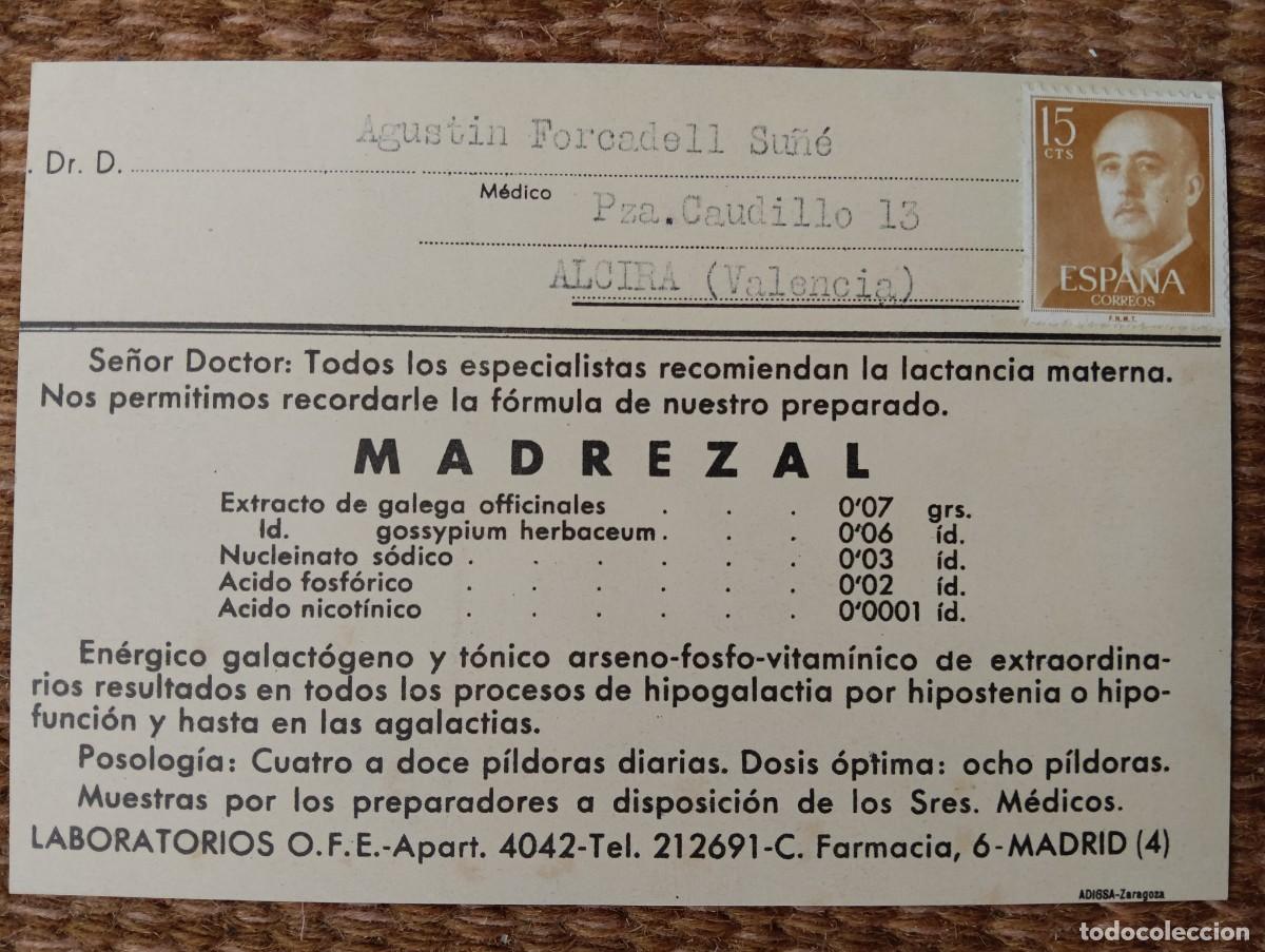 Postales: PUBLICIDAD MEDICAMENTO MADREZAL CIRCULADA A ALZIRA - LABORATORIOS O.F.E. - MADRID