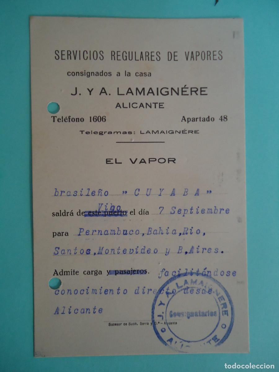 Postais: TARJETA COMERCIAL DE J.Y A. LAMAIGNERE, SERVICIO REGULARES DE VAPORES. ALICANTE. PP -13