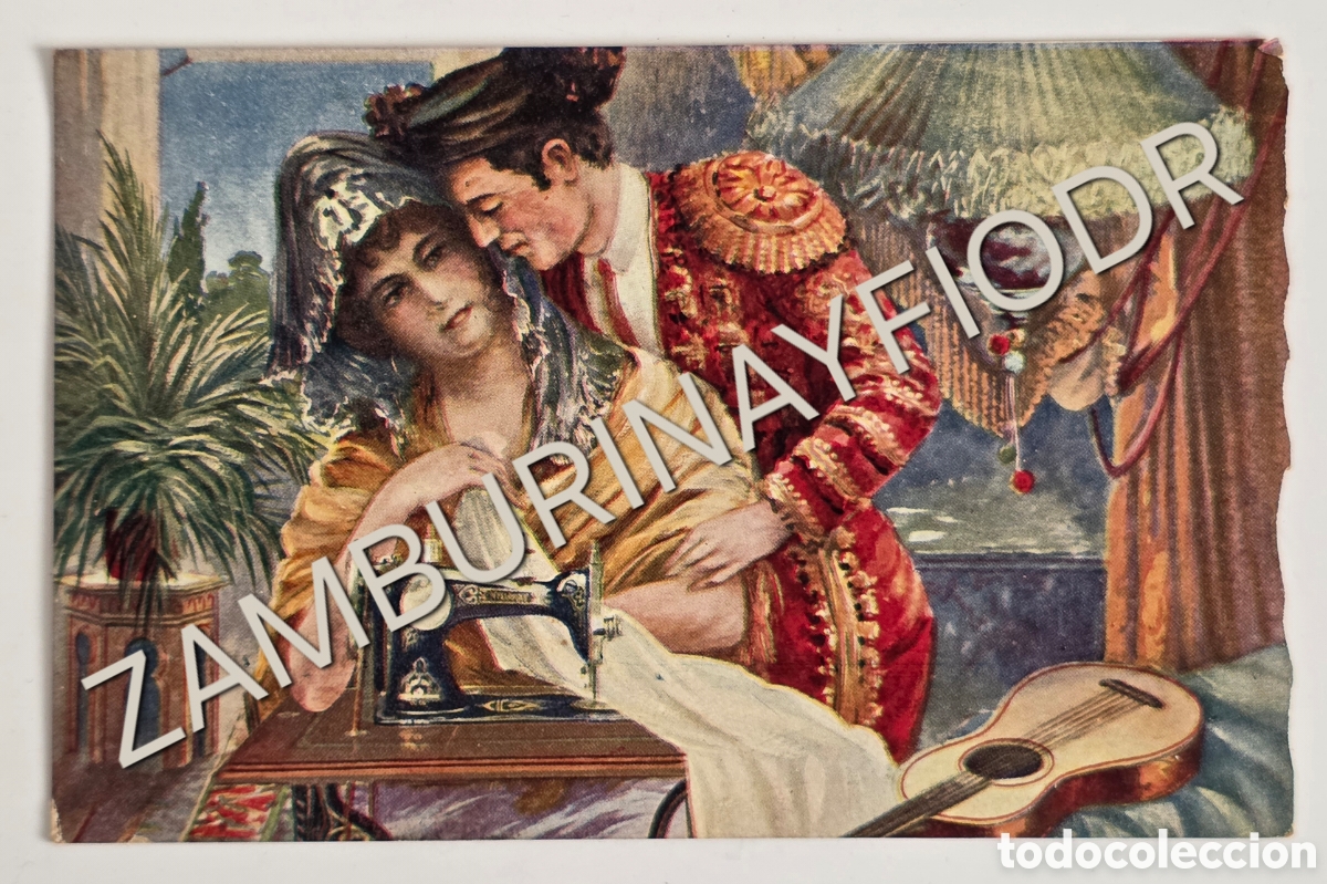 Postales: Antigua Tarjeta Postal Torero Matador Mujer Costurera M&aacute;quina Coser Seidel & Naumann Dresden Germany