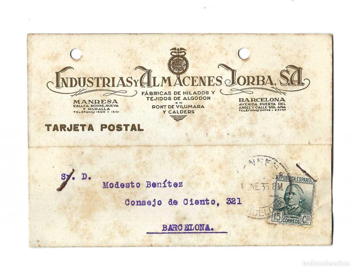 Postales: POSTAL PUBLICITARIA- INDUSTRIAS Y ALMACENES JORBA. FABRICAS DE HILADOS. 1938. NOTA DE PEDIDO REVERSO