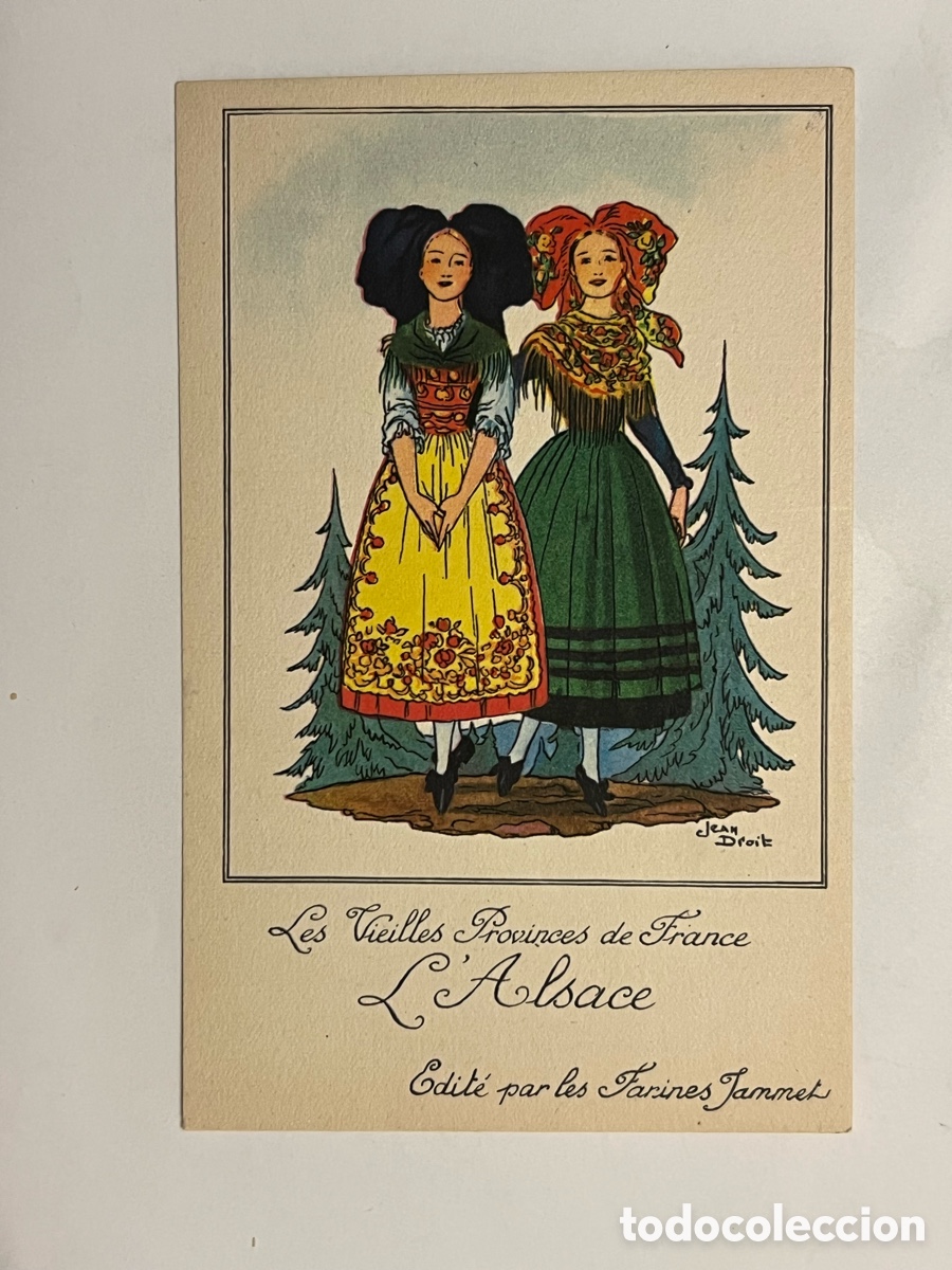 Cartoline: Les Vieilles Provinces de France L&rsquo;Alsace FOLKLORE. Publicidad Farines Jammet (h.1930?)