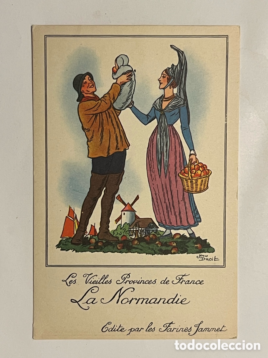 Postkarten: Les Vieilles Provinces de France La Normandie FOLKLORE. Publicidad Farines Jammet (h.1930?)