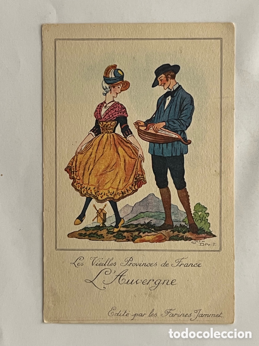 Postales: Les Vieilles Provinces de France L&rsquo;Auvergne&hellip; FOLKLORE. Publicidad Farines Jammet (h.1930?)
