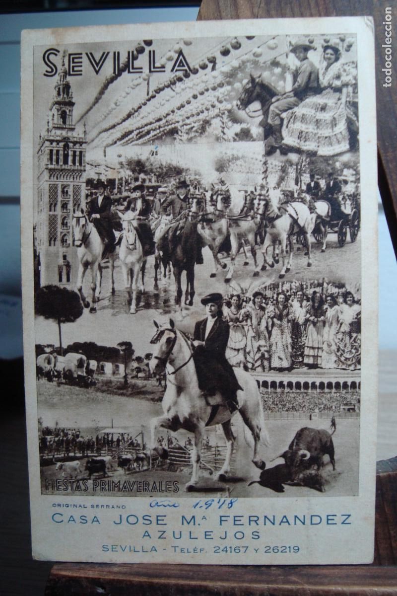 Cartoline: ANTIGUA POSTAL FIESTAS SEVILLA 1948? CASA JOSE M&ordf; FERNANDEZ. AZULEJOS. FOTO SERRANO