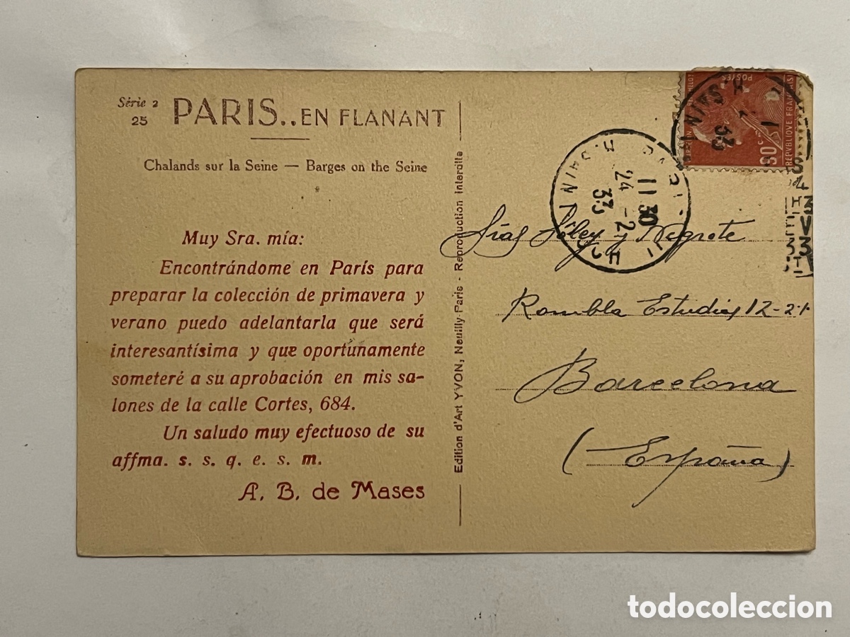 Postales: Asunci&oacute;n Bastida Pibernat (A. B de Mases) Invitaci&oacute;n Colecci&oacute;n Nueva Temporada (a.1933)