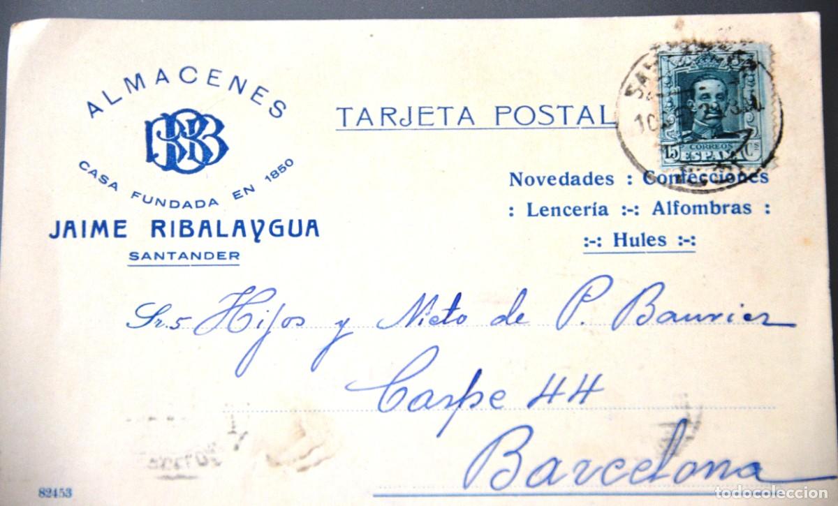 Postales: POSTAL COMERCIAL SANTANDER A BARCELONA. ALMACENES RIBALAYGUA - BAUBIER - RIVA Y GARCIA