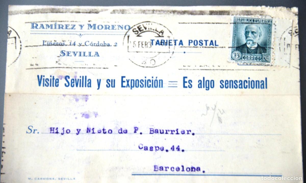 Postales: POSTAL RAMIREZ MORENO, SEVILLA, 1932. TEXTO BAURRIER. EXPOSICI&Oacute;N 1929, SELLO DE LA REPUBLICA