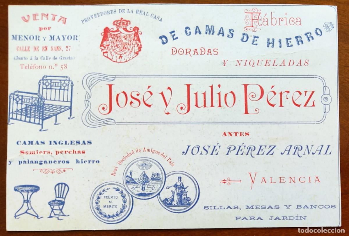 Postales: VALENCIA SOBRE 1905 - TARJETA PUBLICITARIA F&Aacute;BRICA DE CAMAS DE HIERRO JOS&Eacute; Y JULIO P&Eacute;REZ