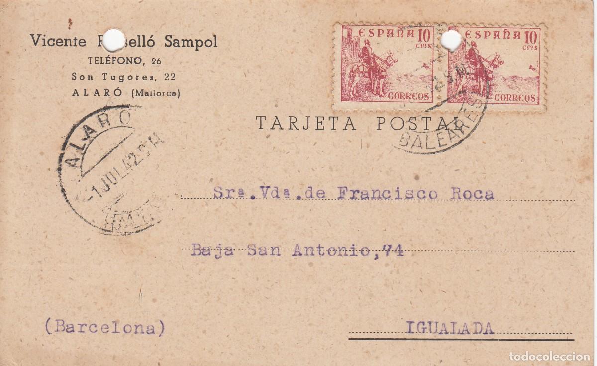 Postales: TARJETA COMERCIAL DE ALAR&Oacute; ( MALLORCA ) - 1942 DESTINO IGUALADA