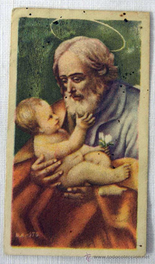 Cartoline: Estampa coloreada de San Jos&eacute; con Ni&ntilde;o Jes&uacute;s a&ntilde;os 50