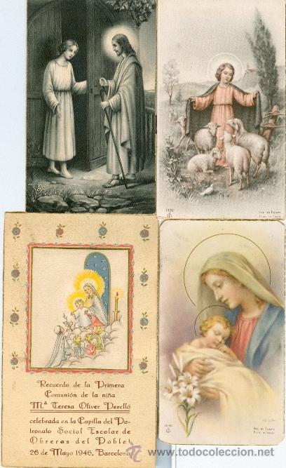 Postales: 4 RECORDATORIOS COMUNI&Oacute;N (A&ntilde;os 30-40 y 50)