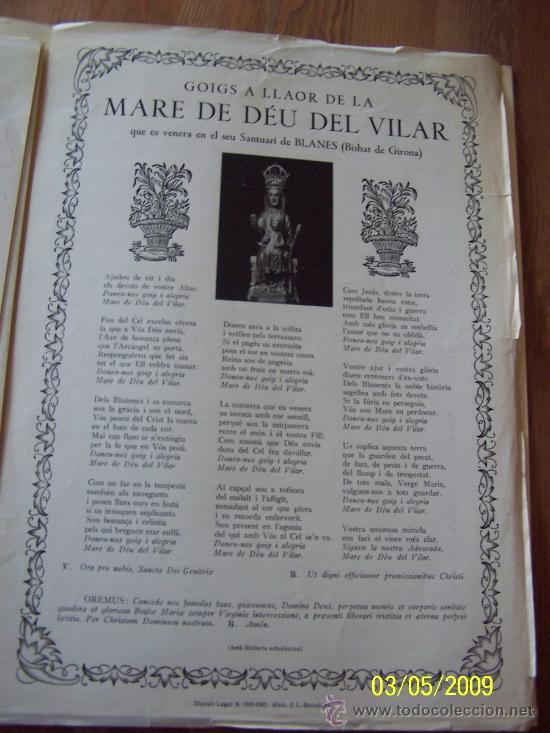 Postales: GOIGS A LLAOR DE LA MARE DE D&Eacute;U DEL VILAR 1962- 32 X 23 CM.( L&Aacute;MINA)-BLANES ( BISBAT DE GIRONA)