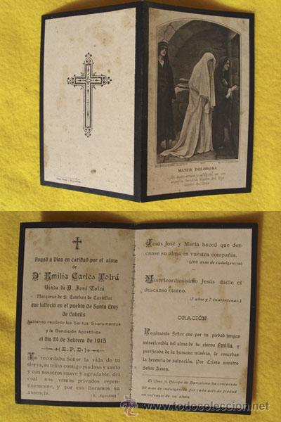 Postales: Antiguo Recordatorio Esquela : EMILIA CARLES TOLR&Aacute; - Santa Cruz de Cabrils. 1915