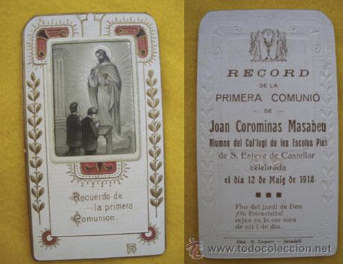 Postais: Antigua Postal : Comuni&oacute;n Joan Corominas Masabeu. 1918. Alumne Escoles Pies. San Esteve de Castellar