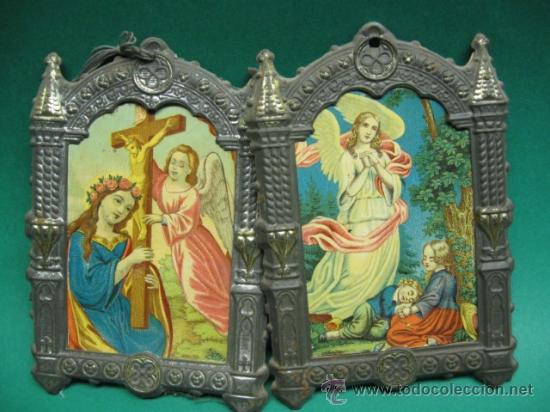 Postales: PAREJA DE MARQUITOS EN HOJALATA DORADA RELIEVE CON ESTAMPAS DE SANTOS, FF.SG.XIX. MIDEN 11 X 16 CM.