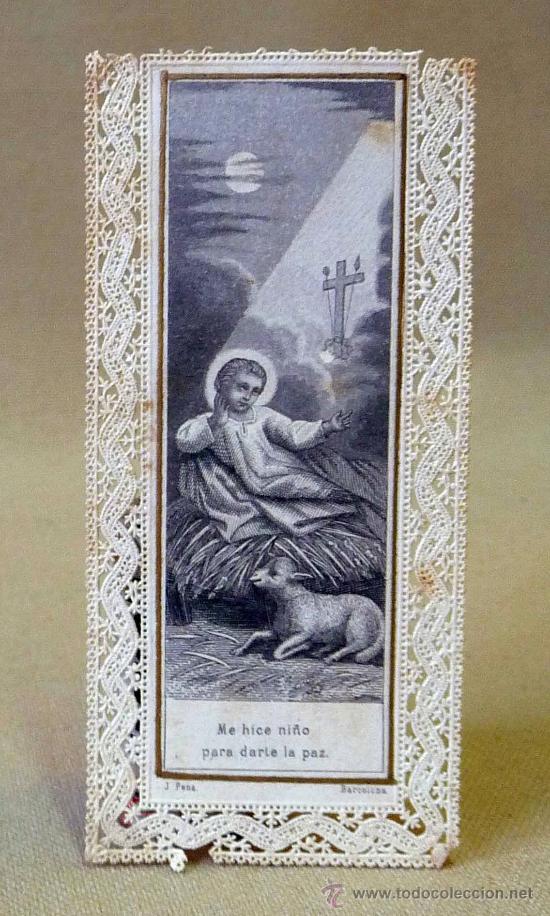 Postales: ANTIGUA ESTAMPA TROQUELADA, CALADA, ME HICE NI&Ntilde;O PARA DARLE PAZ, JESUS, 11X5 CM
